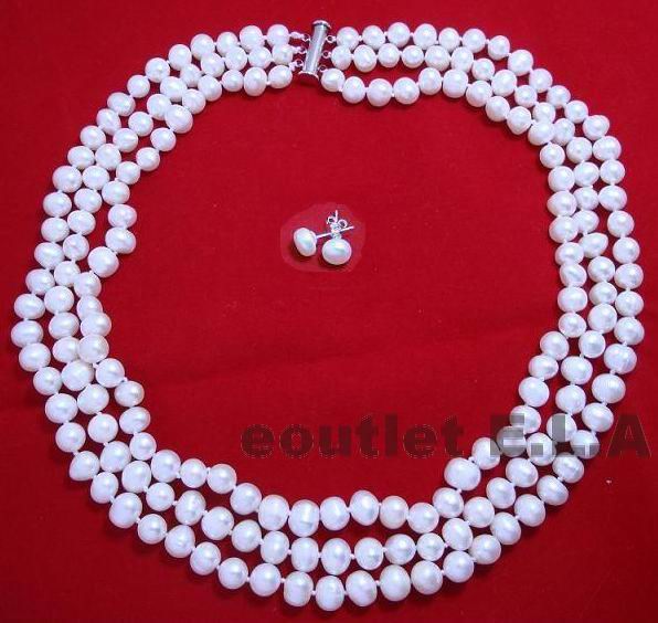 GENUINE 7-8mm PEARLS 3-ROW NECKLACE+FREE EARRINGS